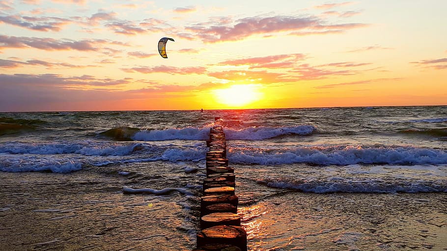 body of water during sunset, groynes, kitesurfer, sea, wave, evening sun, HD wallpaper