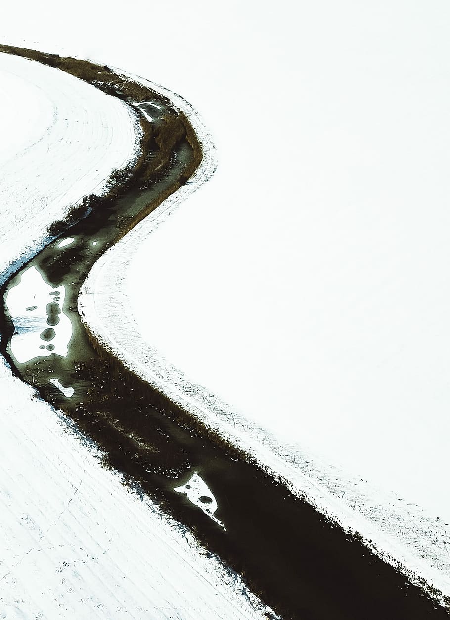 river surrounded with snow at daytime, aerial photography of river HD wallpaper