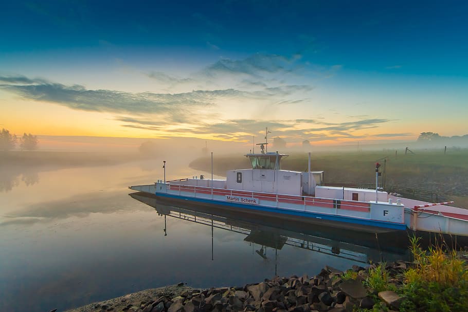 sunrise, ferry, sky, clouds, lighting, fog, car ferry, give schanz HD wallpaper