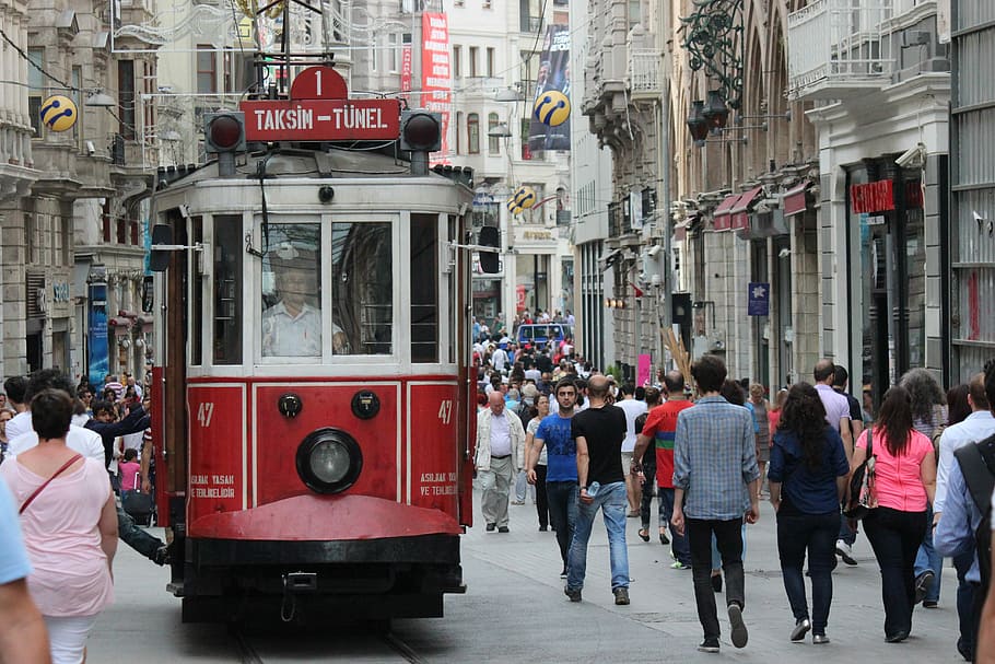 red and white tram train, Istanbul, Turkey, istiklal, people, HD wallpaper
