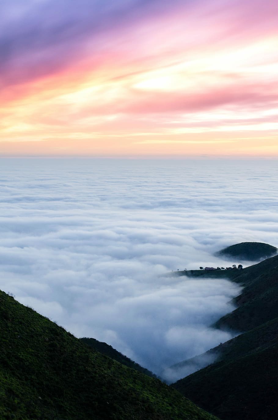bed of sea clouds on mountain, mountain ridge and sea of clouds during golden hour HD wallpaper