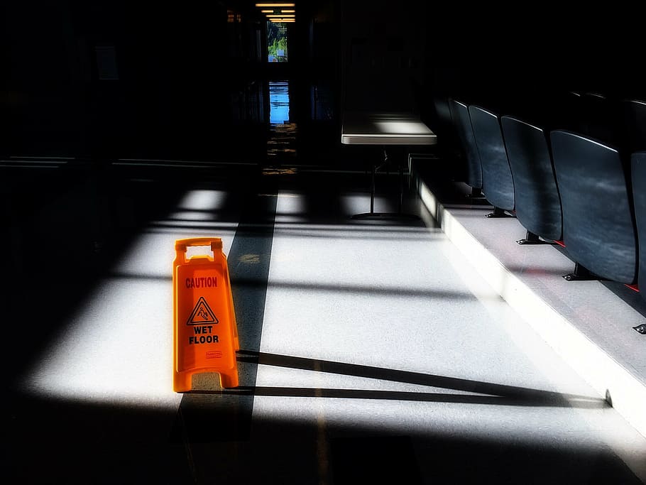 orange wet floor signage, hallway, school, caution, corridor HD wallpaper
