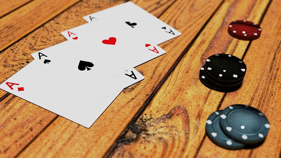 four aces playing cards on brown wooden surface, Poker, Game, Token, HD wallpaper