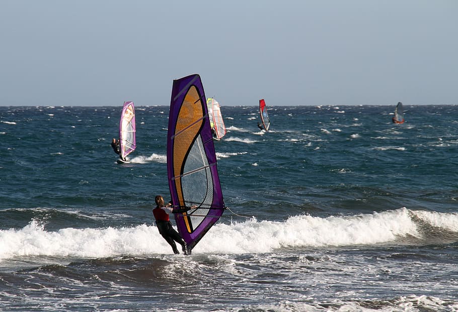 windsurf, surfing, windsurfing, sea, sport, vacation, active HD wallpaper