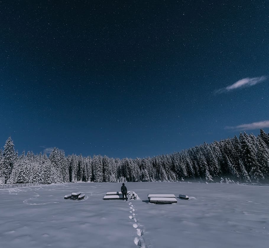 person standing near picnic table, landscape, photo, man, snow HD wallpaper