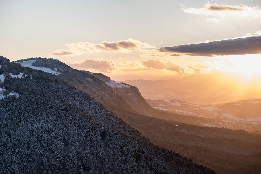 aerial photography of mountain, aerial photography of mountain during sunset HD wallpaper