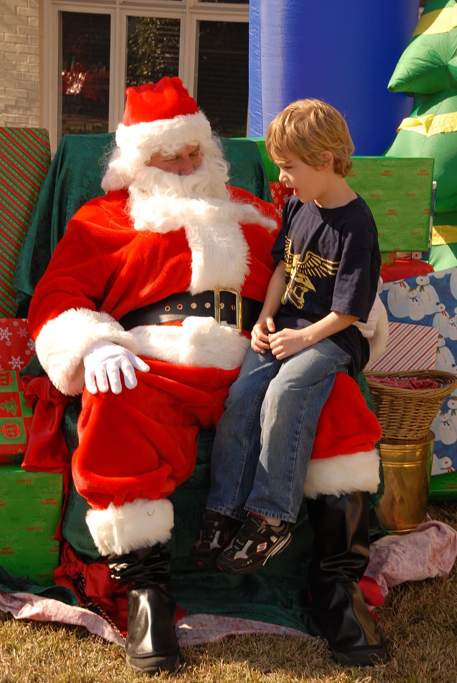 man in Santa Claus costume carrying boy, child, lap, december, HD wallpaper