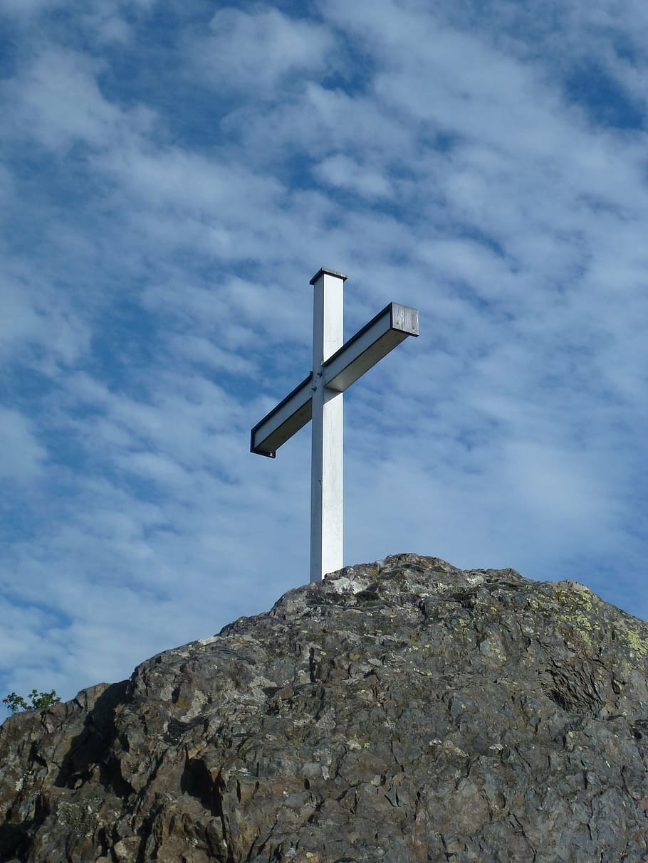 summit cross, sky, clouds, nature, landscape, mood, rock, religion HD wallpaper