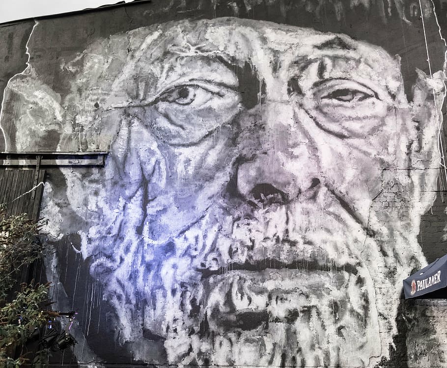 man, wall, urban art, bart, painting, facade, street art, old man HD wallpaper