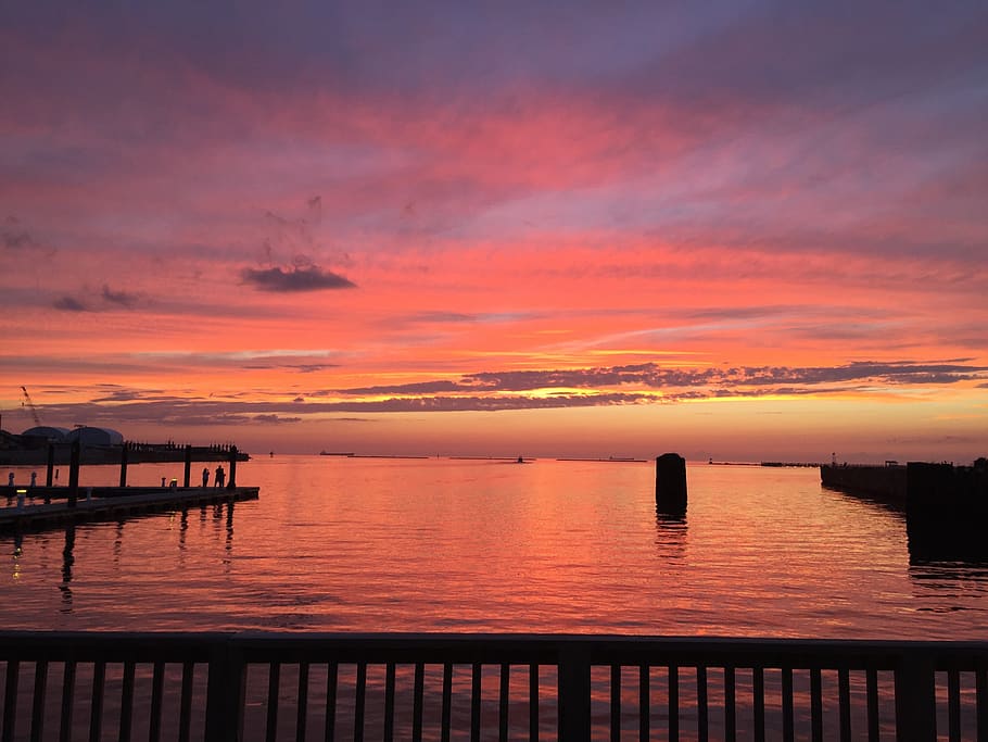 sunset, dawn, water, dusk, reflection, evening, bay, sky, cloud HD wallpaper