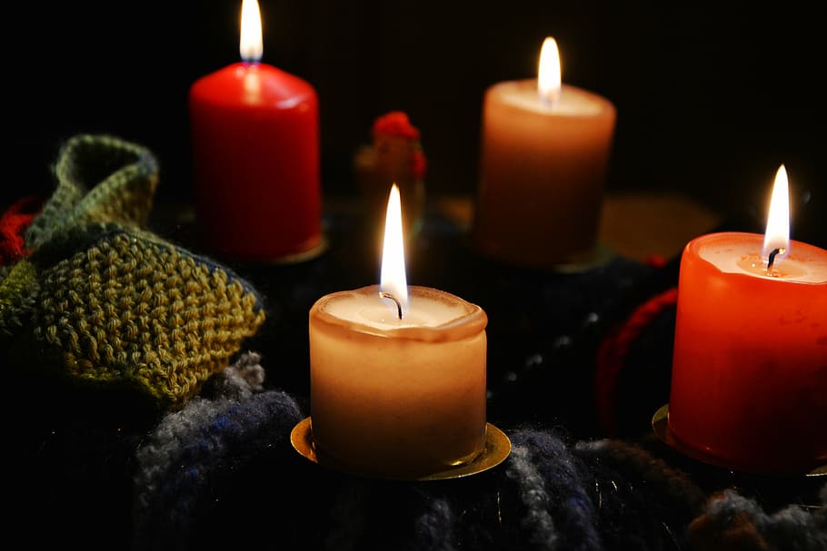 four red and beige pillar candles lighted up, advent wreath, christmas jewelry, HD wallpaper
