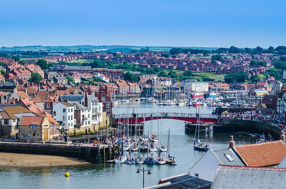 coast, town, abbey, seaside, north, seafront, england, whitby, HD wallpaper