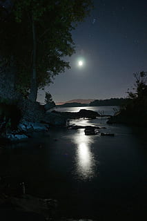 full moon across body of water, night, sky, star, night view HD wallpaper