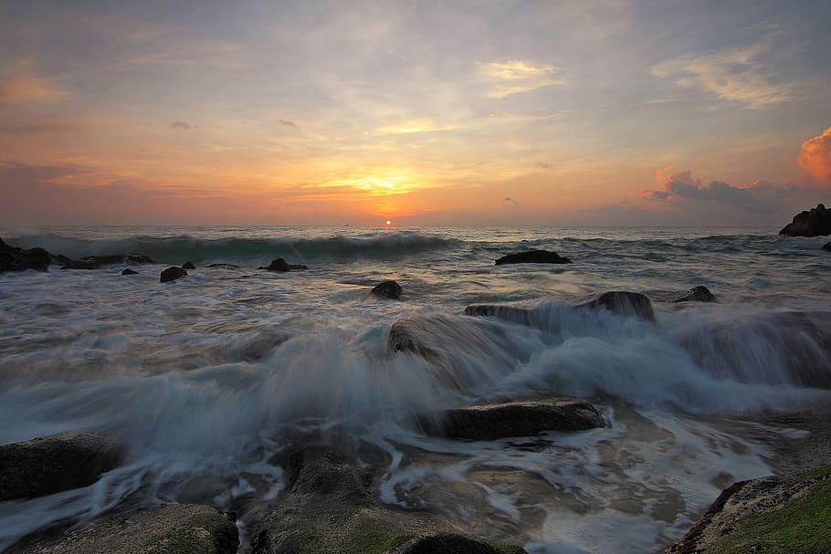 sea, dawn, landscape, nature, beach, clouds, ocean, outdoors HD wallpaper