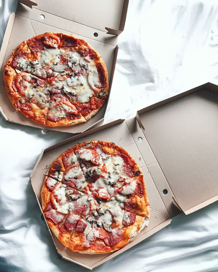 two pizzas on boxes, pizza pizza day pizza lover, food, food and drink