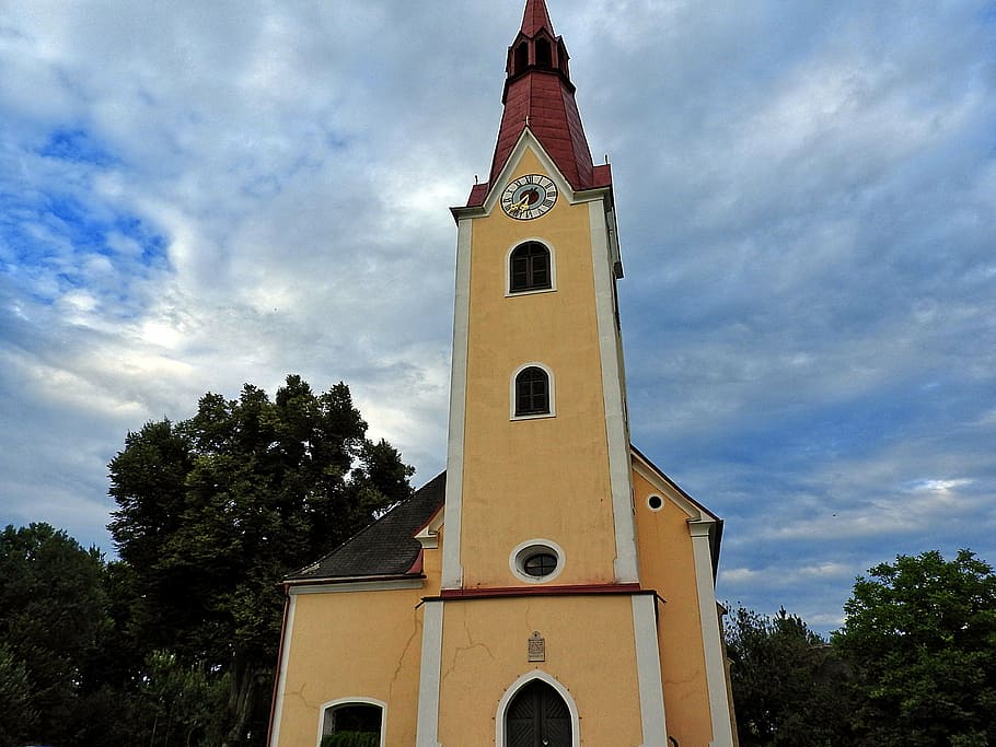 church, steeple, catholic, clock tower, place of worship, sky HD wallpaper