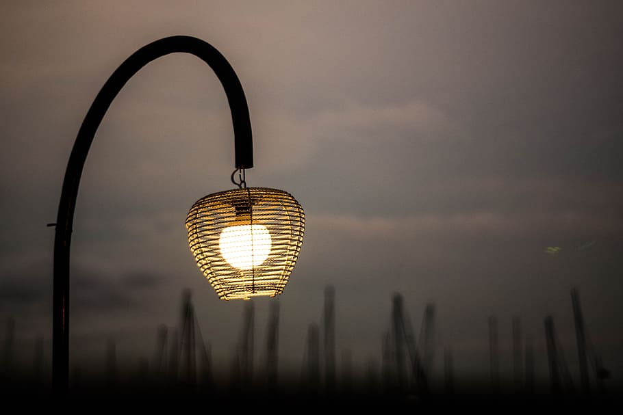 turned-on post lamp, night, light, city, decoration, street HD wallpaper