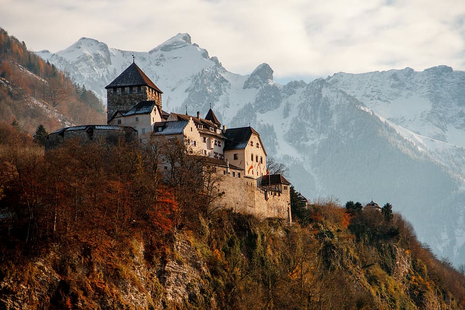 castle on mountain surrounded by trees, white concrete house on top of hill HD wallpaper