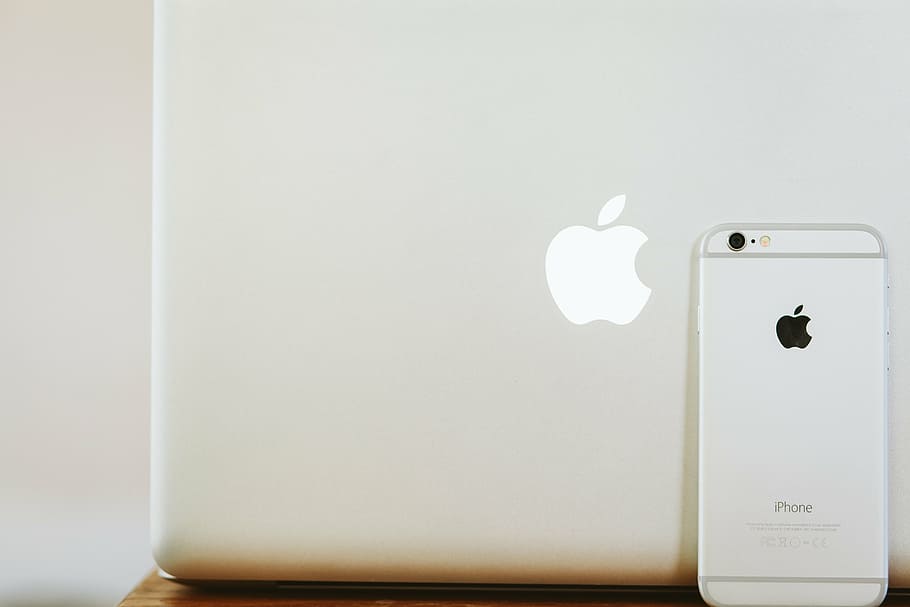 silver iPhone 6, mac, apple, laptop, macbook, logo, technology, HD wallpaper