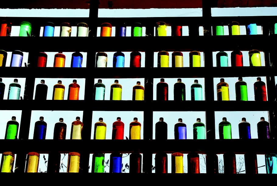Bottles, Colors, Ocher, roussillion vaucluse, color liquid bottles, HD wallpaper