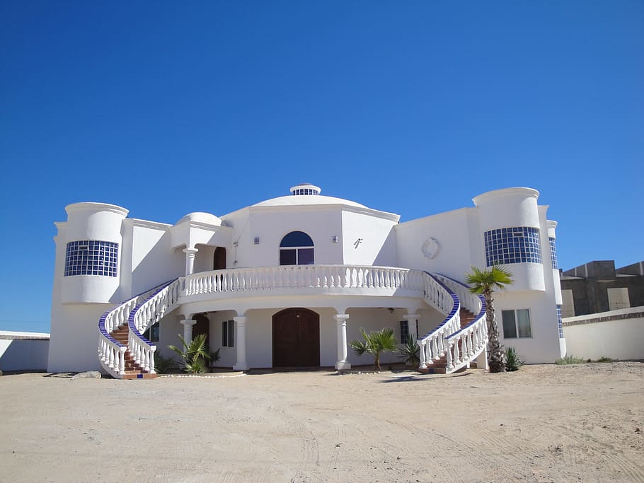 white building under blue calm sky, Mexico, Beach, Mansion, White, House, HD wallpaper