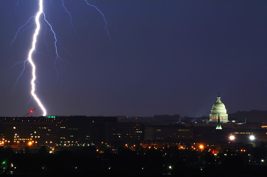 Lightning during night, strike, storm, bolt, weather, thunderstorm HD wallpaper