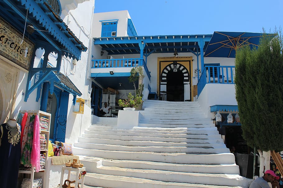 tunisia, city, café, tourism, handsomely, blue - white, architecture, HD wallpaper