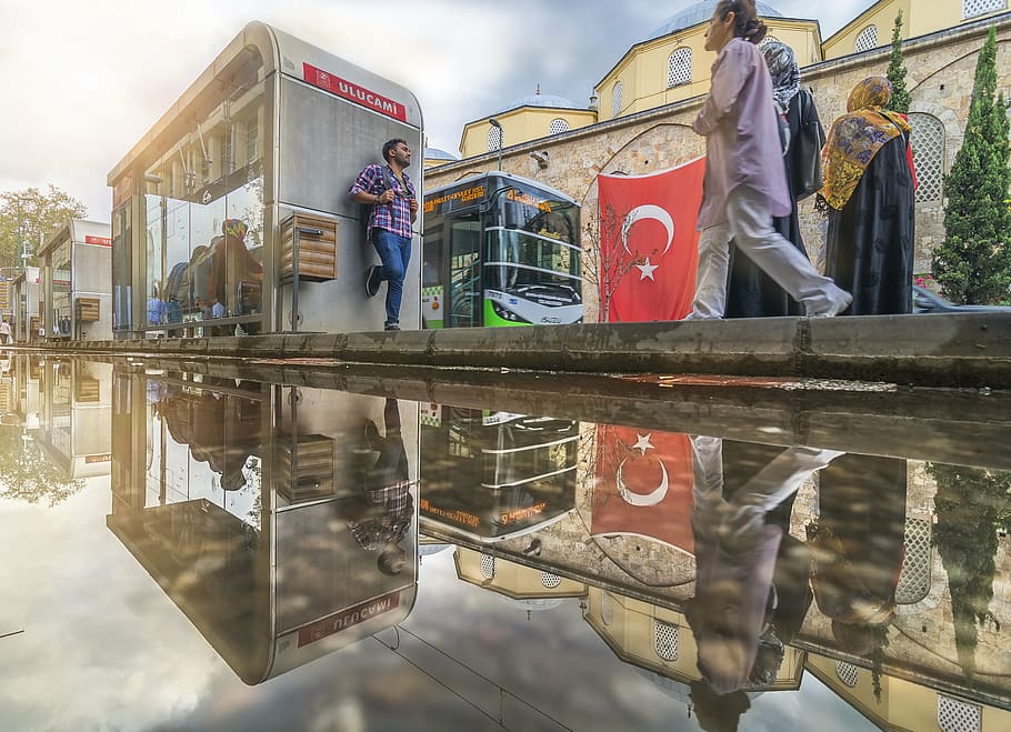 human, station, bus, reflection, people, street, turkey, group of people HD wallpaper