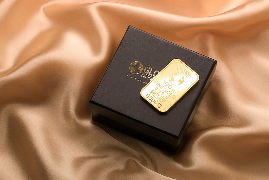 gold-colored bar with box, cloth, silk, chip, sticker, wealth HD wallpaper