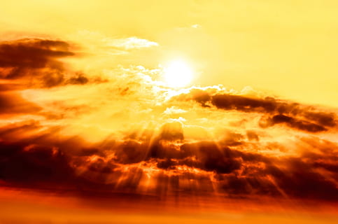 yellow sunrise, sky, flames, cloudy, sun rays, sunshine, red HD wallpaper