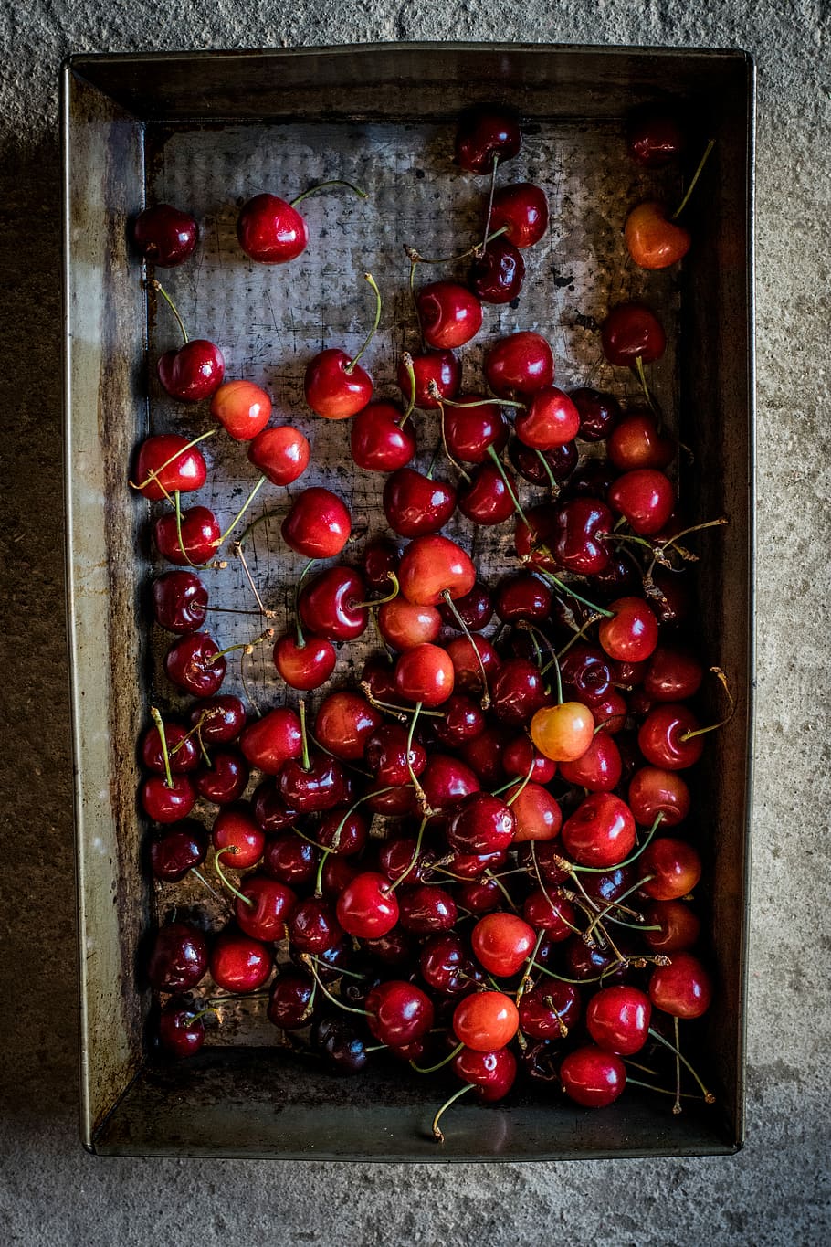 cherries in box, flat lay photography of bunch of red cherries HD wallpaper