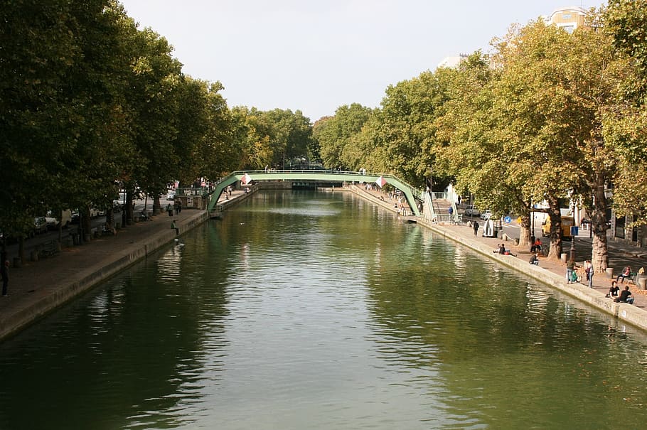 channel, saint martin, paris, water, tree, group of people