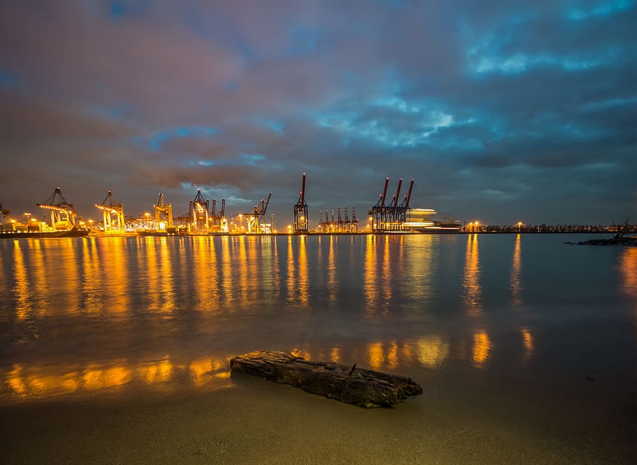 waters, sunset, dusk, dawn, evening, elbe, hamburg, elbe beach HD wallpaper
