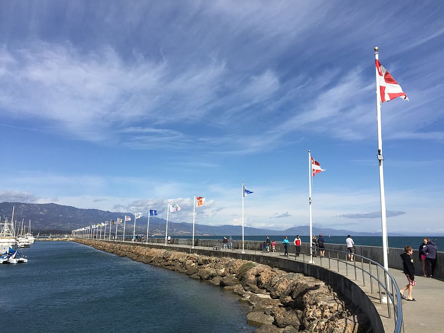 Santa, Barbara, Inlet, flag, patriotism, cloud - sky, bridge - man made structure HD wallpaper