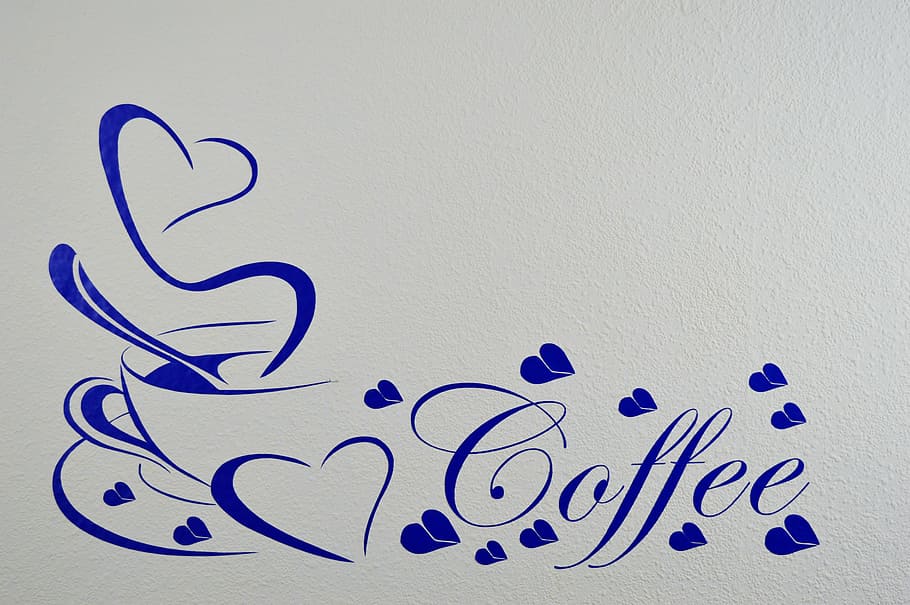 blue coffee sticker, background image, text, creativity, art and craft HD wallpaper