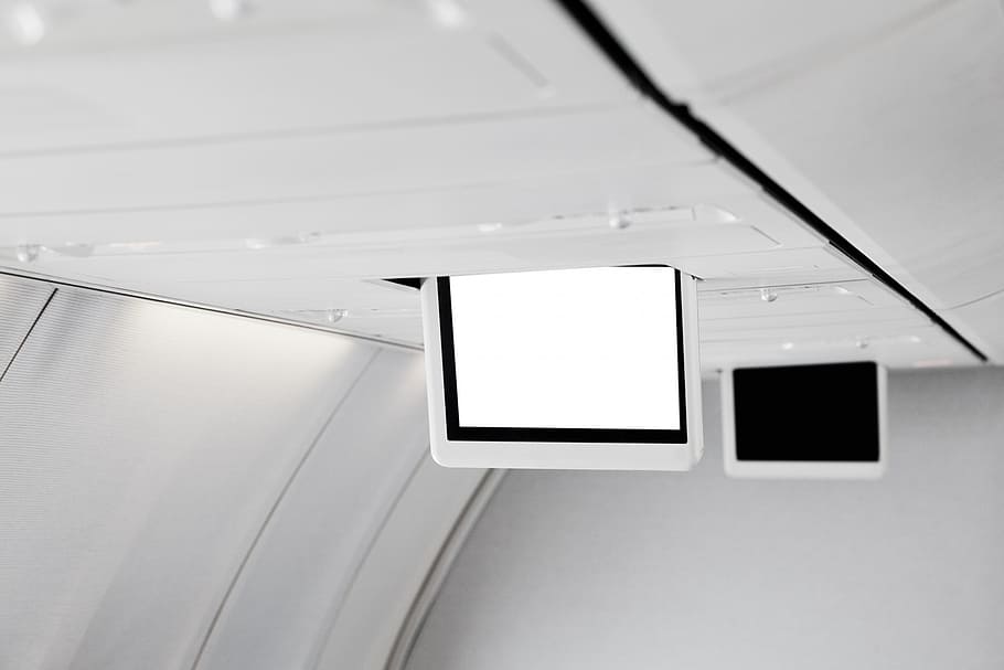 turned-off monitor inside room, interior, airline, empty, transport HD wallpaper