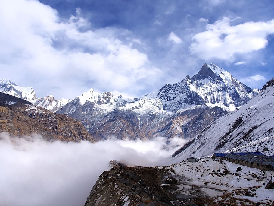 clouds over mountain range, nepal, basecamp, himalayas, mountains HD wallpaper