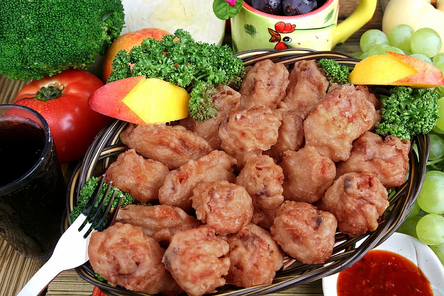 chicken, fried chicken, food, food and drink, meat, vegetable HD wallpaper