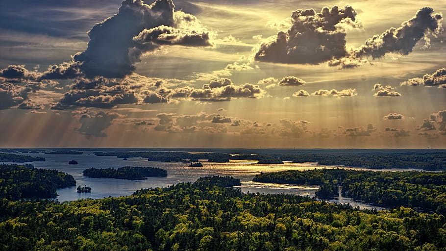 sunset over the horizon, panorama, landscape, clouds, nature HD wallpaper