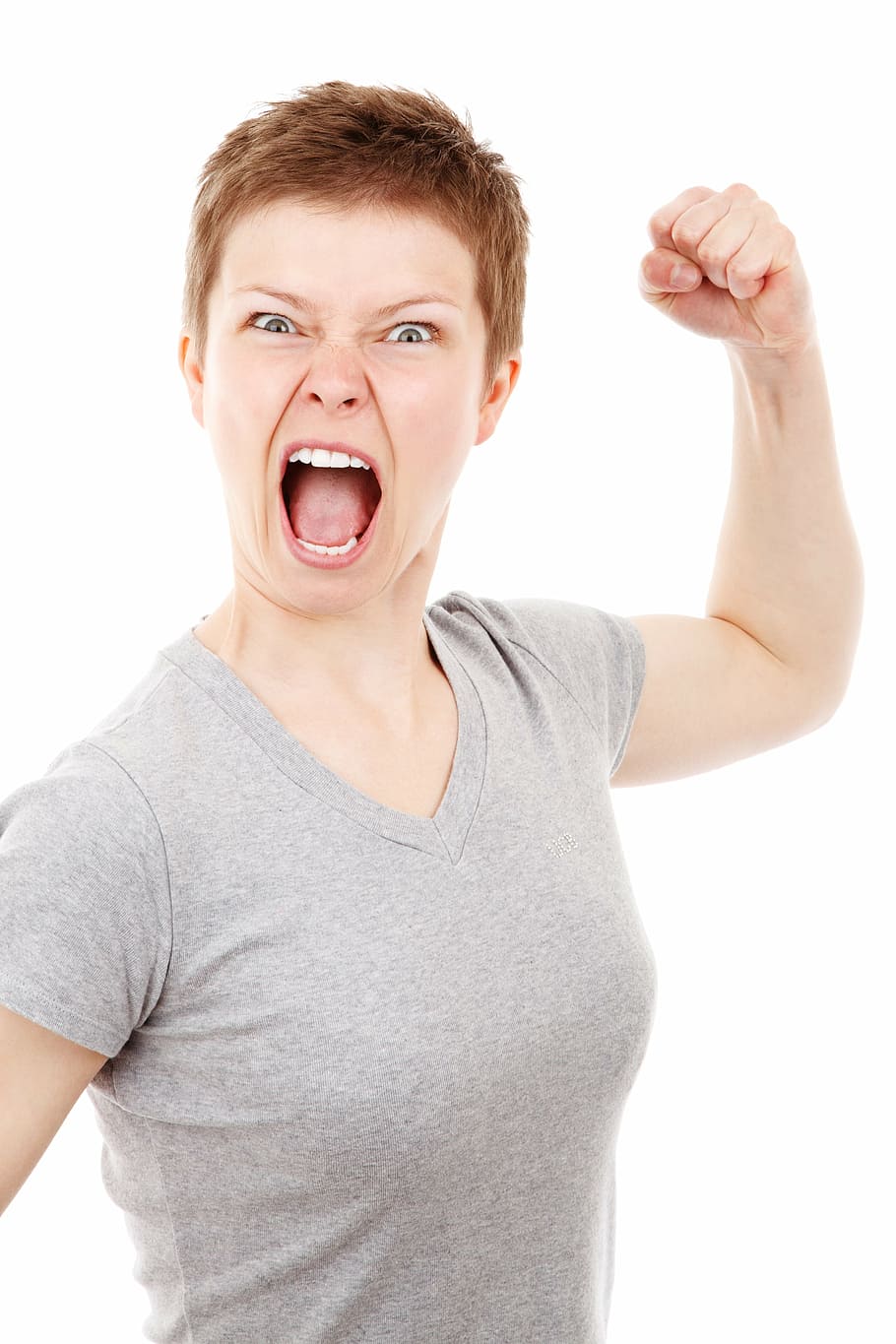 women wearing gray v-neck t-shirt, anger, angry, bad, isolated