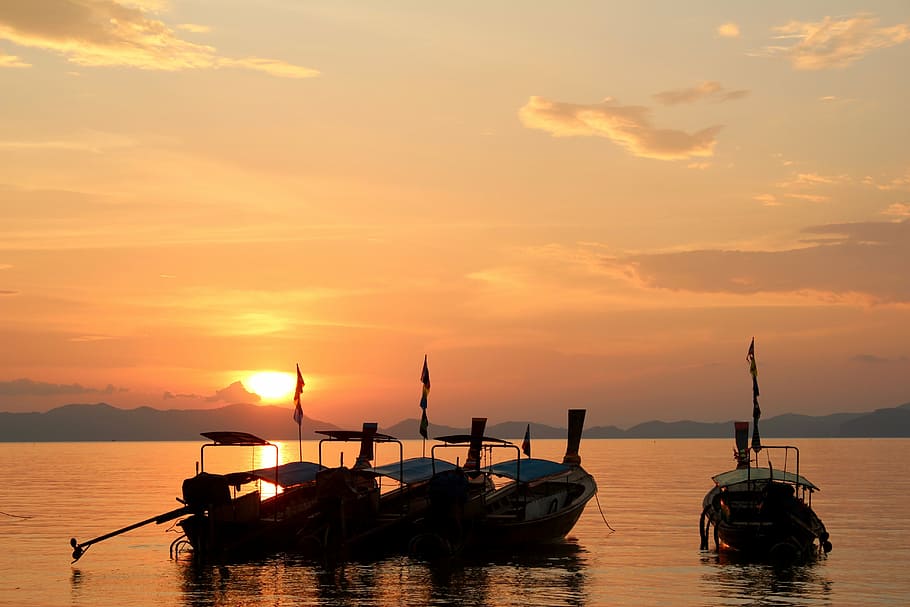 silhouette of four boats on body of water, sailing boat, sunset HD wallpaper
