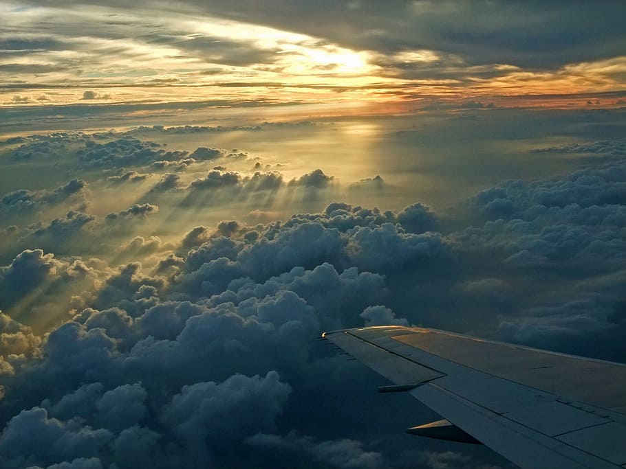 white plane flying at daytime, flight, sunset, above the clouds HD wallpaper