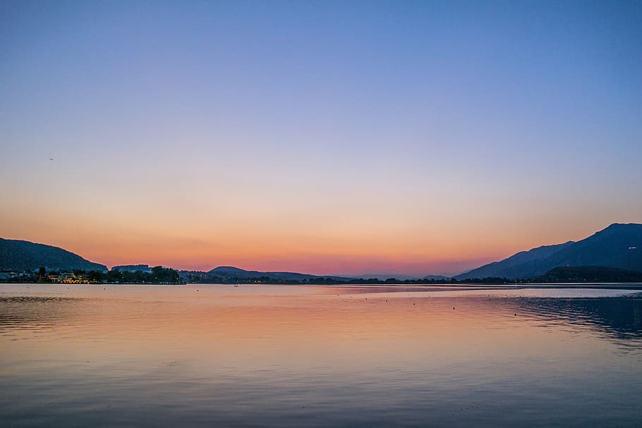 sunset, clean, sky, lake, orange, water, mountain, scenics - nature HD wallpaper