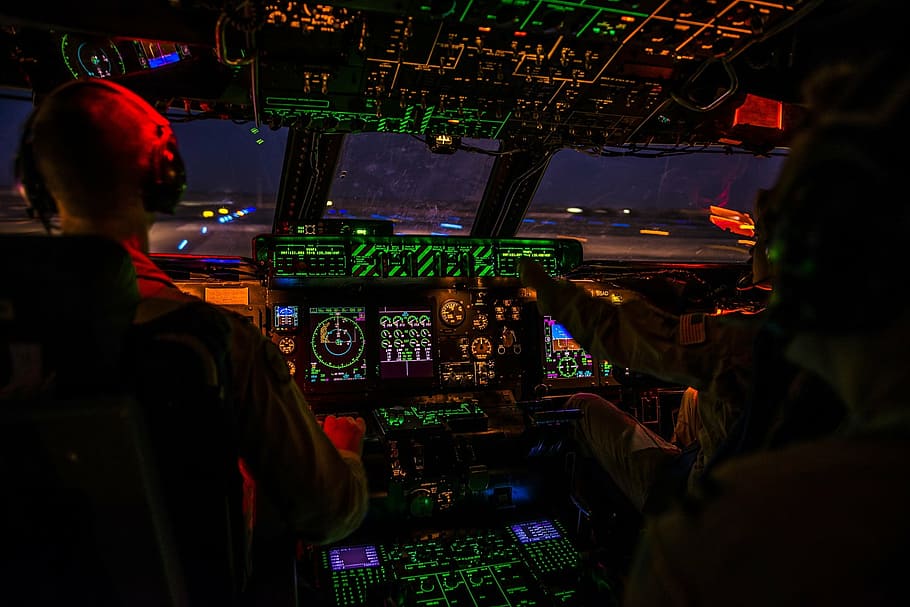 photography of plane control room, cockpit, night, airplane, aircraft