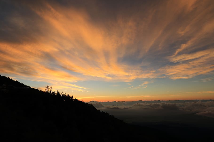 silhouette of mountain during golden hour, sunset, clouds, sky HD wallpaper