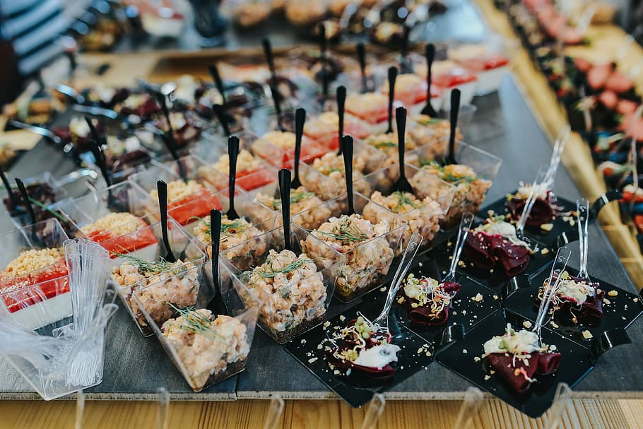 Elegant buffet with food, bread, glasses, snack, plates, dish