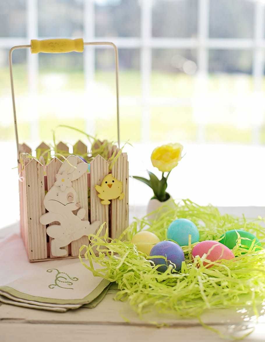 brown wooden basket, easter eggs, colorful, pastels, holiday HD wallpaper