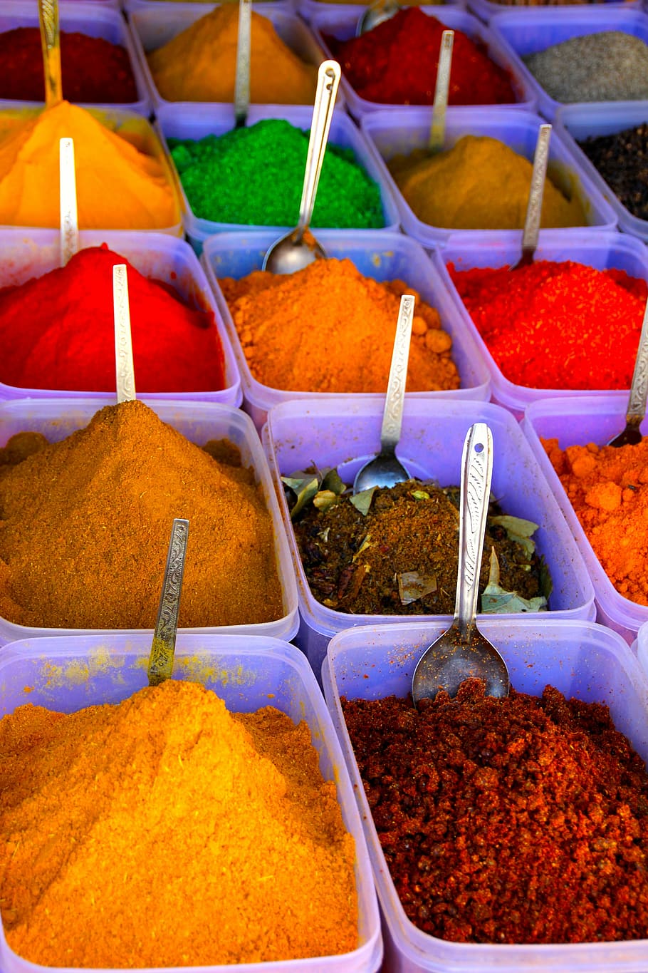 pile of condiments, color, spices, saffron, powder, bags, sharp