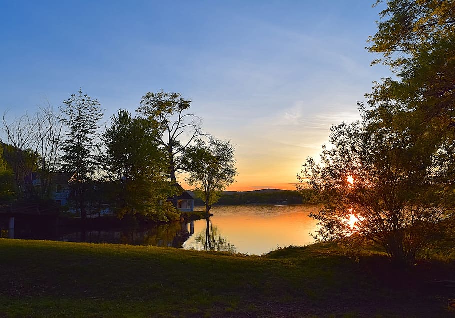 Sunset, Lake, Trees, Water, Sky, Nature, landscape, evening HD wallpaper