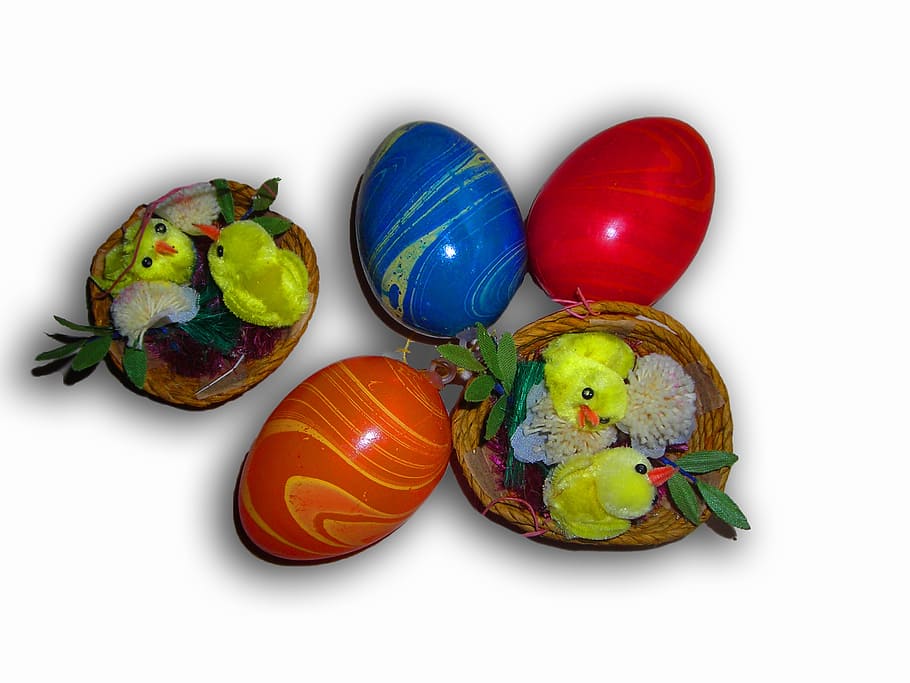 easter eggs, colorful, chicks, easter nest, white background HD wallpaper
